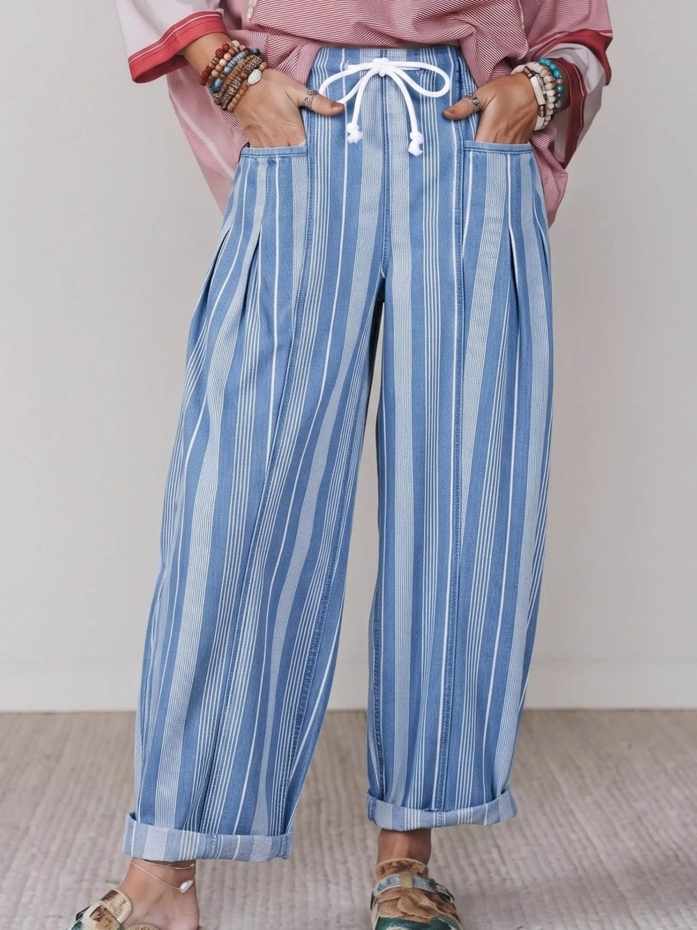 DAVI & DANI Blue Striped Barrel Leg Drawstring Pants